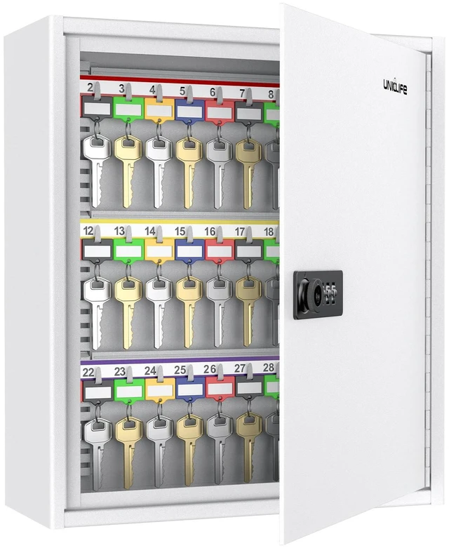 Main image of 60 Position Steel Key Cabinet with Combination & Key Lock, White Wall mount key lock box, resettable 4-digit code lock, 2 backup keys, thickened steel, large capacity, adjustable rack&labels