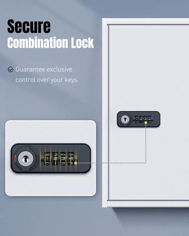 Alt view image 3 of 7 - 60 Position Steel Key Cabinet with Combination & Key Lock, White Wall mount key lock box, resettable 4-digit code lock, 2 backup keys, thickened steel, large capacity, adjustable rack&labels