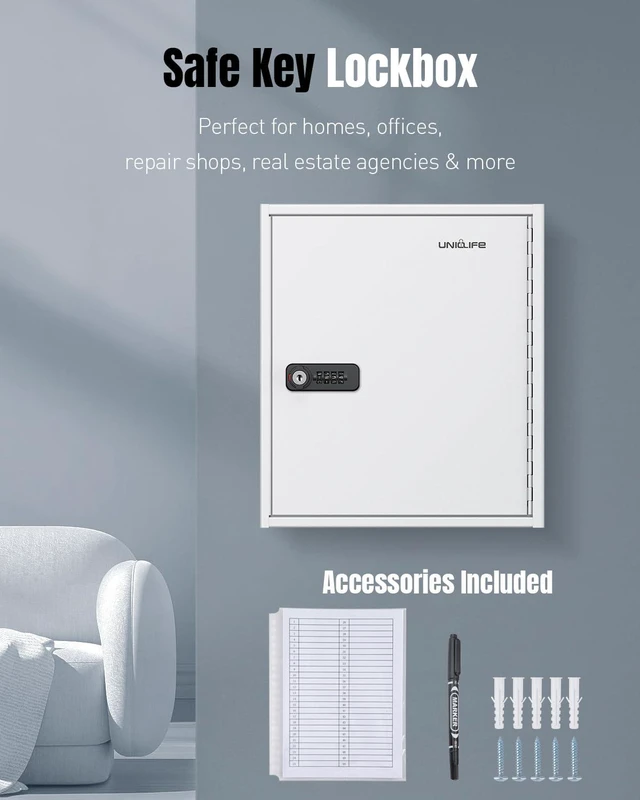 Alt view image 7 of 7 - 60 Position Steel Key Cabinet with Combination & Key Lock, White Wall mount key lock box, resettable 4-digit code lock, 2 backup keys, thickened steel, large capacity, adjustable rack&labels