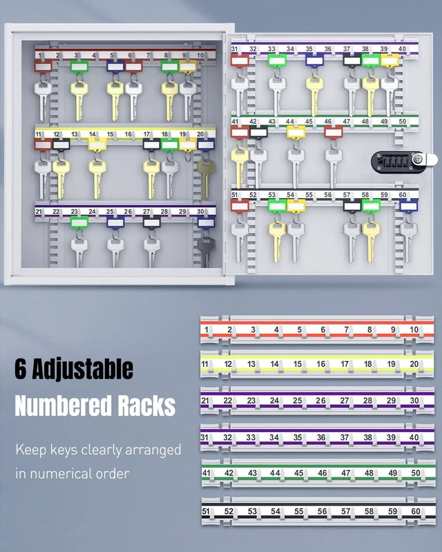 Alt view image 6 of 7 - 60 Position Steel Key Cabinet with Combination & Key Lock, White Wall mount key lock box, resettable 4-digit code lock, 2 backup keys, thickened steel, large capacity, adjustable rack&labels