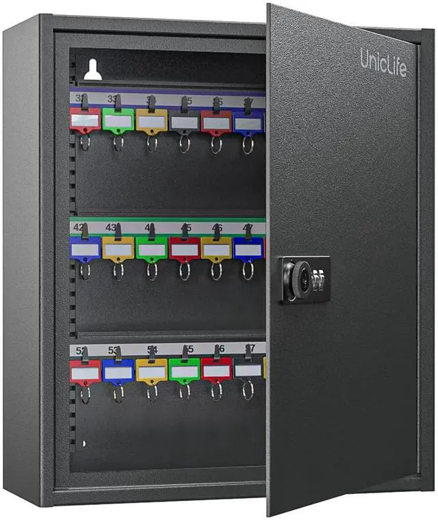 Main image of 60 Position Steel Key Cabinet with Combination and Key Lock, Black Wall mount key box, resettable 4-digit code lock, 2 spare keys, thickened steel, large capacity, adjustable racks and labels
