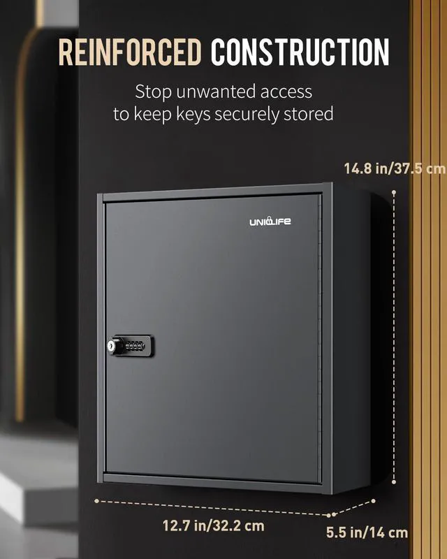 Alt view image 2 of 6 - 60 Position Steel Key Cabinet with Combination and Key Lock, Black Wall mount key box, resettable 4-digit code lock, 2 spare keys, thickened steel, large capacity, adjustable racks and labels