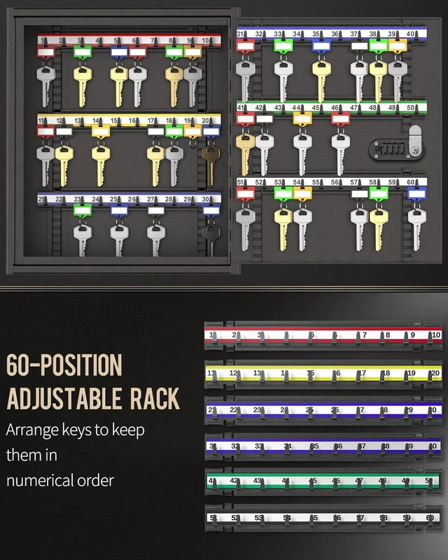 Alt view image 5 of 6 - 60 Position Steel Key Cabinet with Combination and Key Lock, Black Wall mount key box, resettable 4-digit code lock, 2 spare keys, thickened steel, large capacity, adjustable racks and labels