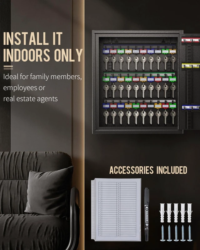 Alt view image 6 of 6 - 60 Position Steel Key Cabinet with Combination and Key Lock, Black Wall mount key box, resettable 4-digit code lock, 2 spare keys, thickened steel, large capacity, adjustable racks and labels
