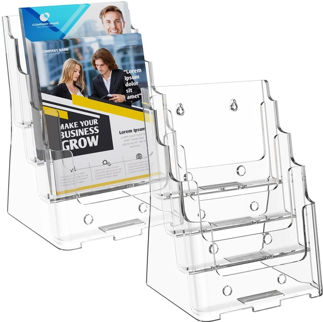 Main image of Acrylic Brochure Holder 6"x9", 4 Tier, 2 Pack Literature Holder, Clear Acrylic Construction with Slanted Back, Wall Mount Or Countertop Use for Pamphlets, Flyers