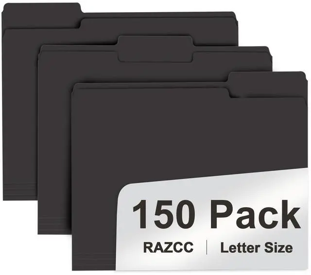 Main image of File Folder, 150 Pack 1/3 Cut Tab File Folders Letter Size, Black Folders for Dcouments, Folders with Tab Great for Organizing and Easy File Storage