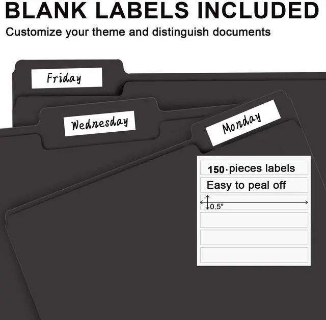 Alt view image 4 of 7 - File Folder, 150 Pack 1/3 Cut Tab File Folders Letter Size, Black Folders for Dcouments, Folders with Tab Great for Organizing and Easy File Storage