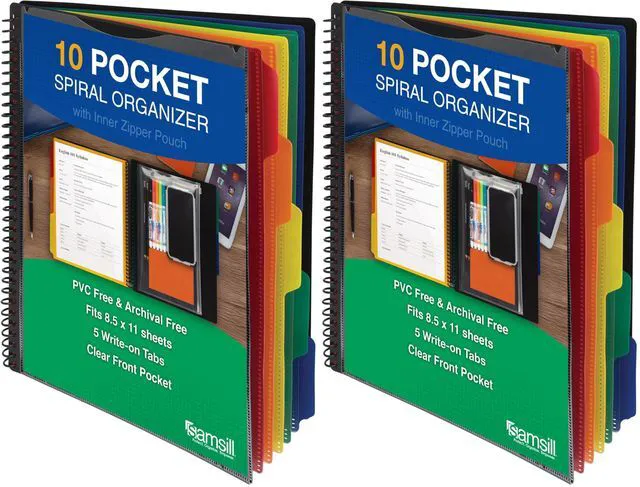 Main image of 10 Pocket Poly Organizer with 5 Dividers,File Folders Letter Size,Customizable Front Cover,Inner Zipper Pouch,Erasable Write-On Tabs in Assorted Colors,Plastic Folder with Pockets (Pack of 2)