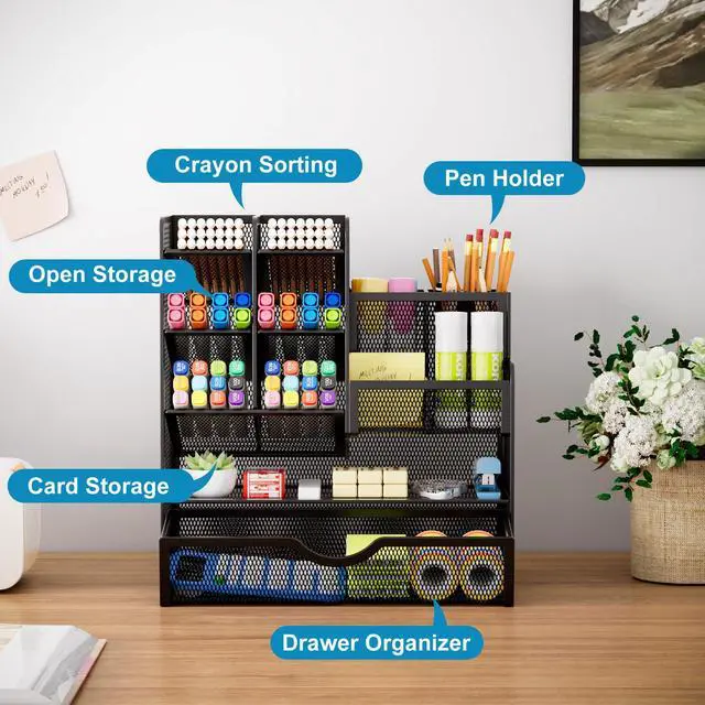Alt view image 2 of 6 - Mesh Pen Holder for Desk, Multi-Functional Pencil Organizer with Drawer, Desk Organizers and Accessories for Office Art Supplies (Black)