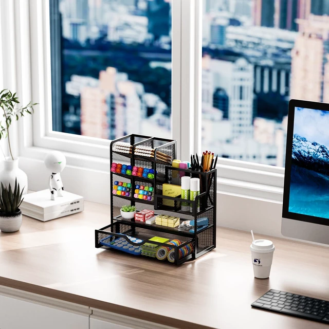 Alt view image 4 of 6 - Mesh Pen Holder for Desk, Multi-Functional Pencil Organizer with Drawer, Desk Organizers and Accessories for Office Art Supplies (Black)