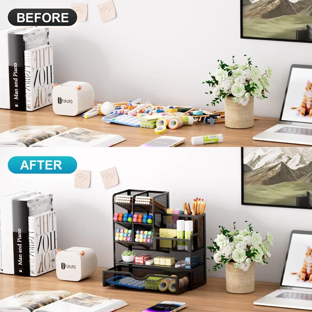 Alt view image 3 of 6 - Mesh Pen Holder for Desk, Multi-Functional Pencil Organizer with Drawer, Desk Organizers and Accessories for Office Art Supplies (Black)