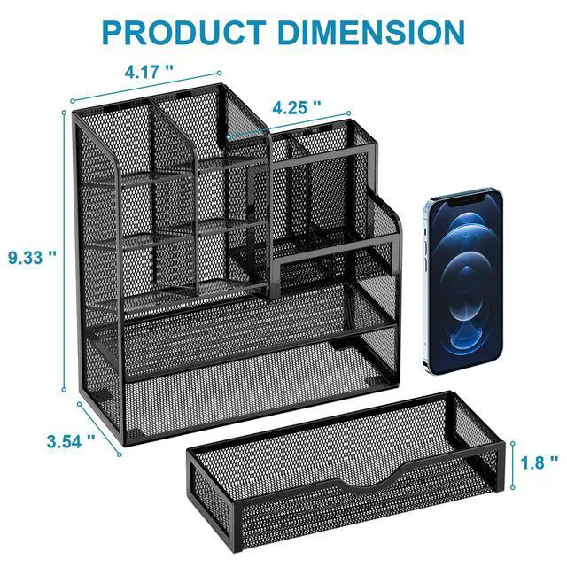 Alt view image 5 of 6 - Mesh Pen Holder for Desk, Multi-Functional Pencil Organizer with Drawer, Desk Organizers and Accessories for Office Art Supplies (Black)