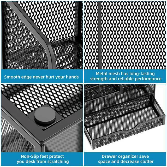 Alt view image 6 of 6 - Mesh Pen Holder for Desk, Multi-Functional Pencil Organizer with Drawer, Desk Organizers and Accessories for Office Art Supplies (Black)