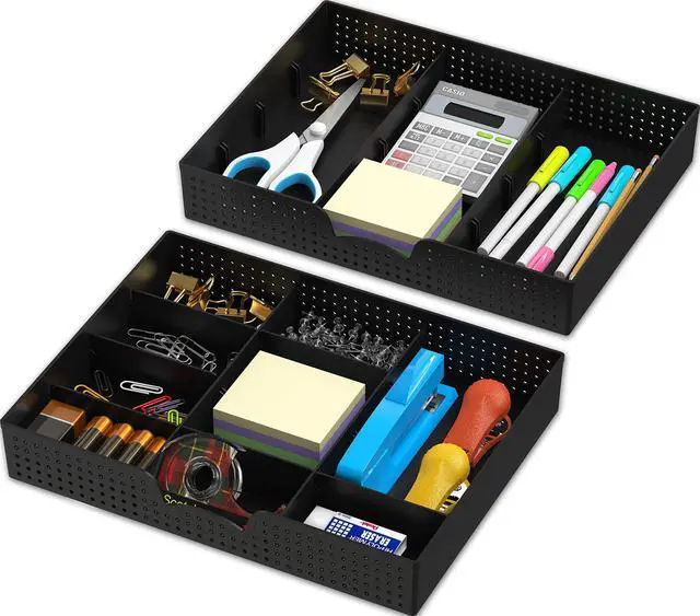 Main image of Drawer Organizer Tray, 9 Compartments, 2-Pack, Black Adjustable Compartments For Office, Makeup, and Craft Drawer or Desktop Storage