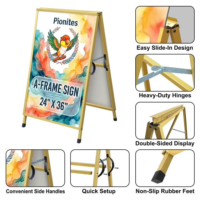 Alt view image 2 of 7 - Heavy Duty Slide-in Folding A Frame Sign Sidewalk Sign 24x 36 Inch Steel Metal Double-Side Pavement sign Corrugated Plastic Poster (2, Gold, 24''X36''(Frame Only))
