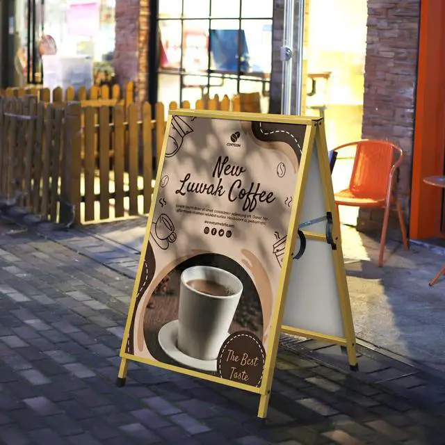 Alt view image 5 of 7 - Heavy Duty Slide-in Folding A Frame Sign Sidewalk Sign 24x 36 Inch Steel Metal Double-Side Pavement sign Corrugated Plastic Poster (2, Gold, 24''X36''(Frame Only))