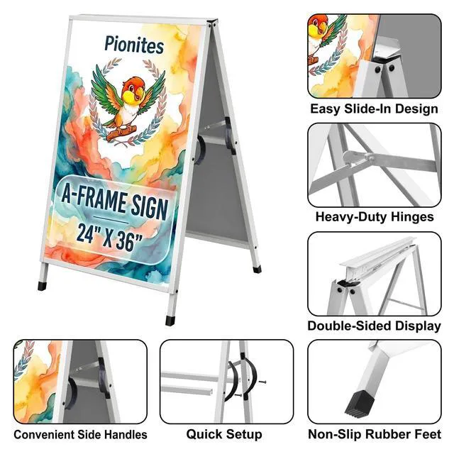 Alt view image 5 of 7 - Heavy Duty Slide-in Folding A Frame Sign Sidewalk Sign 24x 36 Inch Steel Metal Double-Side Pavement sign Corrugated Plastic Poster (2, White, 24''X36''(Frame Only))