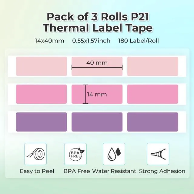 Alt view image 2 of 7 - Genuine P21 Label Maker Tape,14x40mm, 3-Roll, Purple/Rose/Pink Easy to Peel, BPA-Free, Strong Adhesion, Water-Resistant & Oil-Proof, Great for School, Office, Home, Kitchen, Black on White