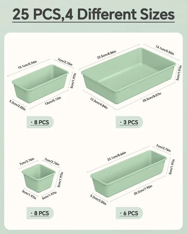Alt view image 2 of 7 - 25 PCS Plastic Drawer Organizers Set, 4 Sizes Vanity Organizer, Makeup and Desk Drawer Organizer Trays, Organization and Storage for Makeup, Bathroom, Kitchen Utensils and Office (Green)
