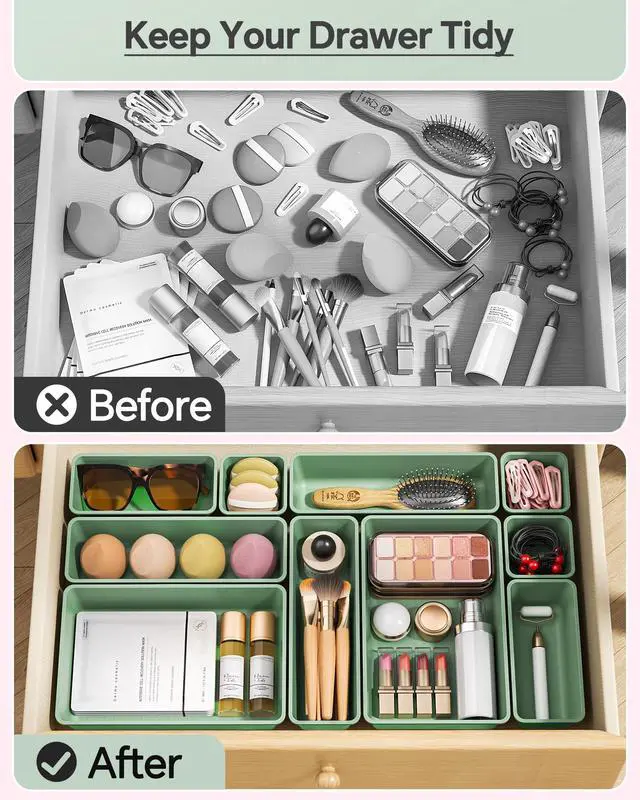 Alt view image 3 of 7 - 25 PCS Plastic Drawer Organizers Set, 4 Sizes Vanity Organizer, Makeup and Desk Drawer Organizer Trays, Organization and Storage for Makeup, Bathroom, Kitchen Utensils and Office (Green)