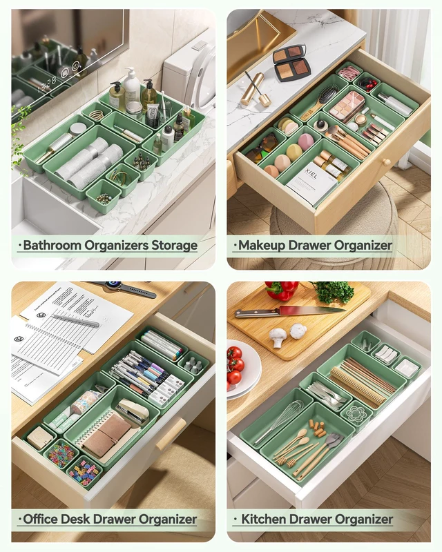 Alt view image 4 of 7 - 25 PCS Plastic Drawer Organizers Set, 4 Sizes Vanity Organizer, Makeup and Desk Drawer Organizer Trays, Organization and Storage for Makeup, Bathroom, Kitchen Utensils and Office (Green)