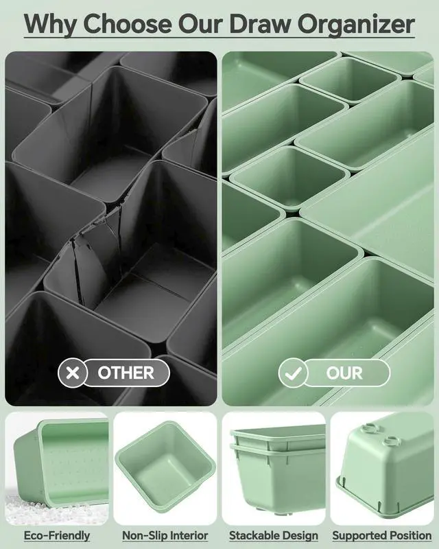 Alt view image 5 of 7 - 25 PCS Plastic Drawer Organizers Set, 4 Sizes Vanity Organizer, Makeup and Desk Drawer Organizer Trays, Organization and Storage for Makeup, Bathroom, Kitchen Utensils and Office (Green)