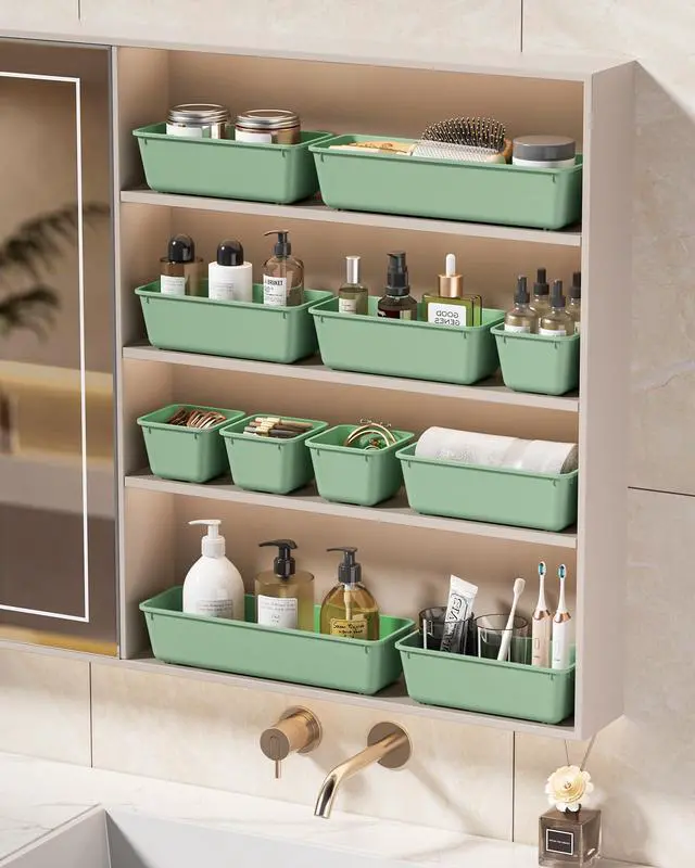 Alt view image 7 of 7 - 25 PCS Plastic Drawer Organizers Set, 4 Sizes Vanity Organizer, Makeup and Desk Drawer Organizer Trays, Organization and Storage for Makeup, Bathroom, Kitchen Utensils and Office (Green)