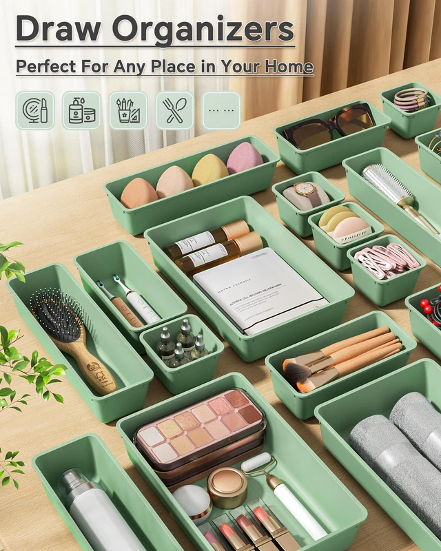 Alt view image 6 of 7 - 25 PCS Plastic Drawer Organizers Set, 4 Sizes Vanity Organizer, Makeup and Desk Drawer Organizer Trays, Organization and Storage for Makeup, Bathroom, Kitchen Utensils and Office (Green)