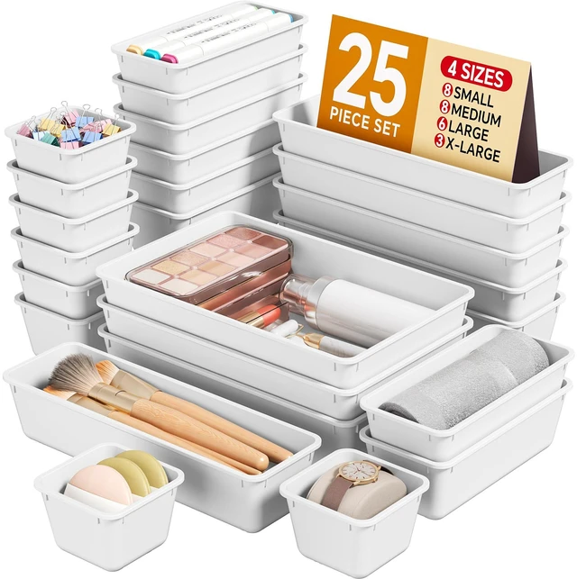 Main image of 25 PCS Plastic Drawer Organizers Set, 4 Sizes Vanity Organizer, Makeup and Desk Drawer Organizer Trays, Organization and Storage for Makeup, Bathroom, Kitchen Utensils and Office (White)