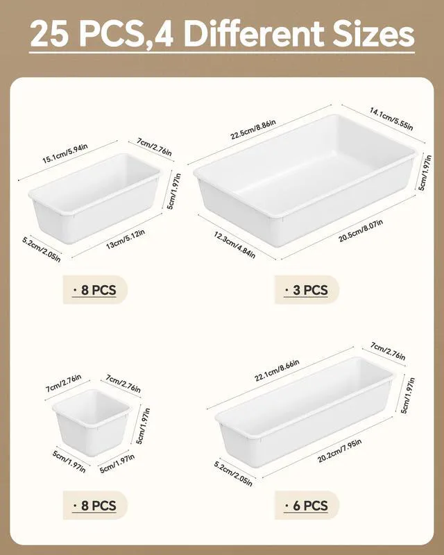 Alt view image 2 of 7 - 25 PCS Plastic Drawer Organizers Set, 4 Sizes Vanity Organizer, Makeup and Desk Drawer Organizer Trays, Organization and Storage for Makeup, Bathroom, Kitchen Utensils and Office (White)