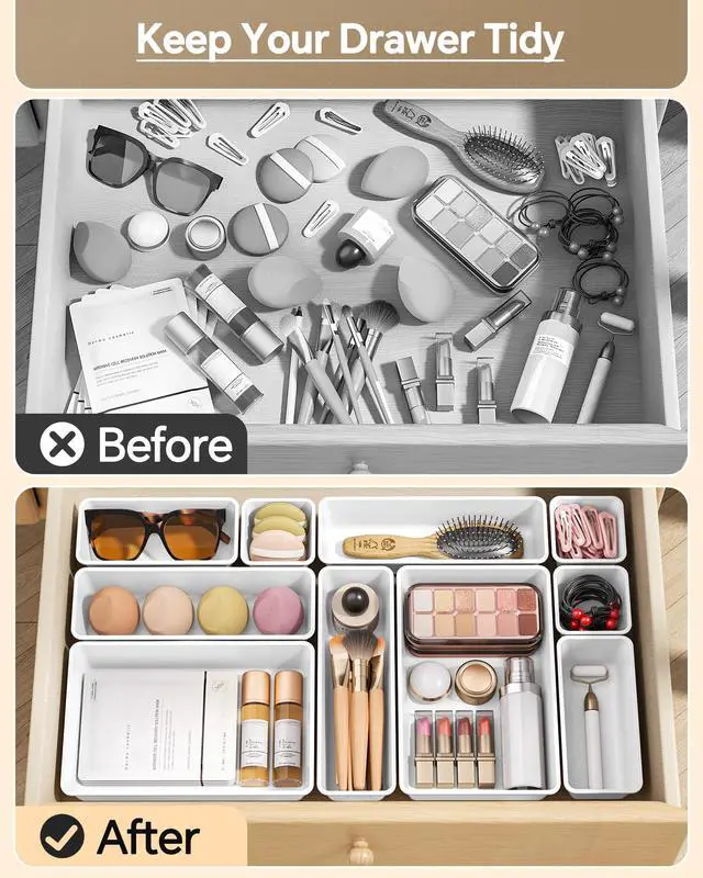Alt view image 3 of 7 - 25 PCS Plastic Drawer Organizers Set, 4 Sizes Vanity Organizer, Makeup and Desk Drawer Organizer Trays, Organization and Storage for Makeup, Bathroom, Kitchen Utensils and Office (White)