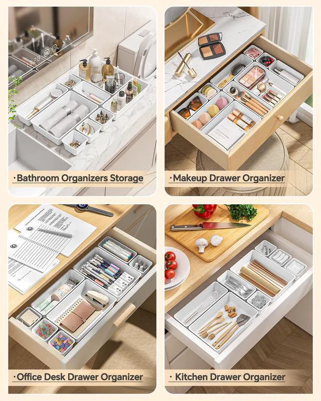 Alt view image 4 of 7 - 25 PCS Plastic Drawer Organizers Set, 4 Sizes Vanity Organizer, Makeup and Desk Drawer Organizer Trays, Organization and Storage for Makeup, Bathroom, Kitchen Utensils and Office (White)