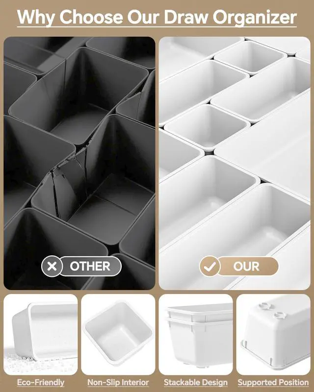 Alt view image 5 of 7 - 25 PCS Plastic Drawer Organizers Set, 4 Sizes Vanity Organizer, Makeup and Desk Drawer Organizer Trays, Organization and Storage for Makeup, Bathroom, Kitchen Utensils and Office (White)