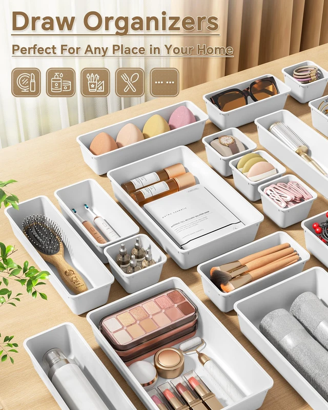 Alt view image 6 of 7 - 25 PCS Plastic Drawer Organizers Set, 4 Sizes Vanity Organizer, Makeup and Desk Drawer Organizer Trays, Organization and Storage for Makeup, Bathroom, Kitchen Utensils and Office (White)