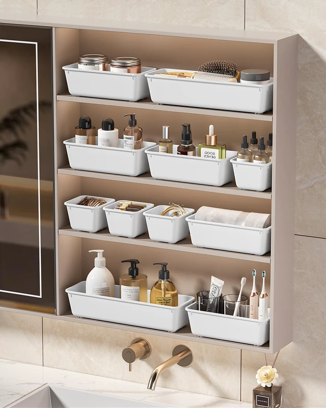 Alt view image 7 of 7 - 25 PCS Plastic Drawer Organizers Set, 4 Sizes Vanity Organizer, Makeup and Desk Drawer Organizer Trays, Organization and Storage for Makeup, Bathroom, Kitchen Utensils and Office (White)