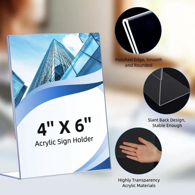 Alt view image 5 of 7 - 12 Pack Slanted Back Acrylic Sign Holders 4x6 for Business & Store, Tabletop Vertical Sign Holder with Anti-Slip Pads Clear Display Stand, for Menus Flyer Documents Office Restaurants Party Decoration