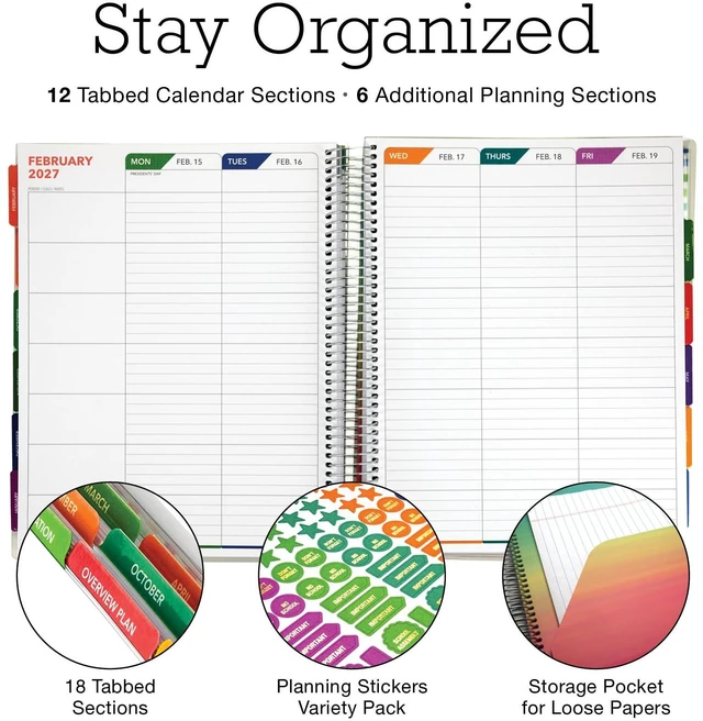 Alt view image 3 of 7 - DELUXE TEACHER PLANNER Aug 2026-Jul 2027 8.5x11 Daily Weekly Monthly Organizers with 7 Periods, Pocket Folder, Dated Calendar, Page Tabs, Bookmark and Planning Stickers (Pastel Peacock)