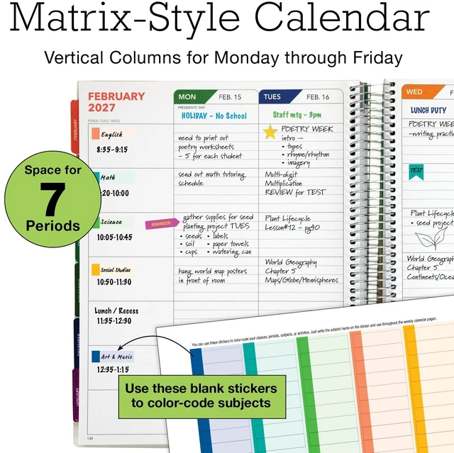 Alt view image 4 of 7 - DELUXE TEACHER PLANNER Aug 2026-Jul 2027 8.5x11 Daily Weekly Monthly Organizers with 7 Periods, Pocket Folder, Dated Calendar, Page Tabs, Bookmark and Planning Stickers (Pastel Peacock)