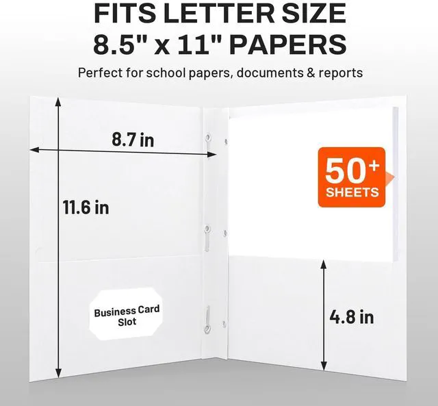 Alt view image 2 of 6 - Folders with Prongs, 25 Pack 3 Prong Folders with 3 Metal Prong Fastener Clips, 2 Pocket, Fit Letter Size Paper, Paper Folders for School Office Home Business, White