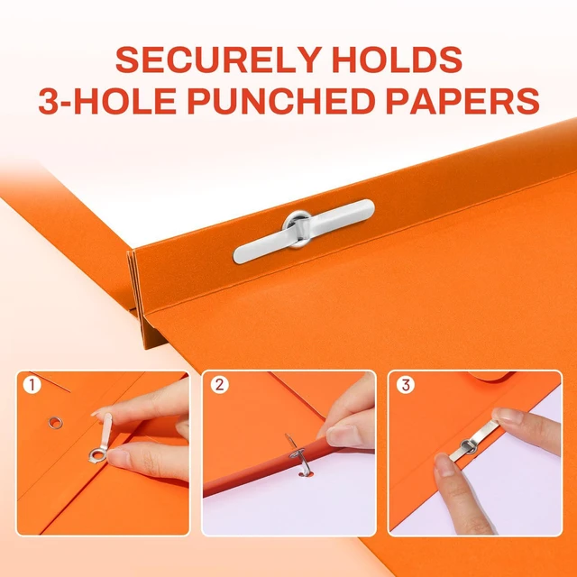 Alt view image 3 of 6 - Folders with Prongs, 25 Pack 3 Prong Folders with 3 Metal Prong Fastener Clips, 2 Pocket, Fit Letter Size Paper, Paper Folders for School Office Home Business, Orange