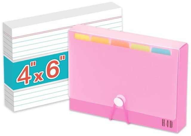 Main image of 4x6 Index Card Case with 100 Ruled Index Cards and Dividers, Pink Plastic Case, Heavyweight Index Cards, Colored Dividers