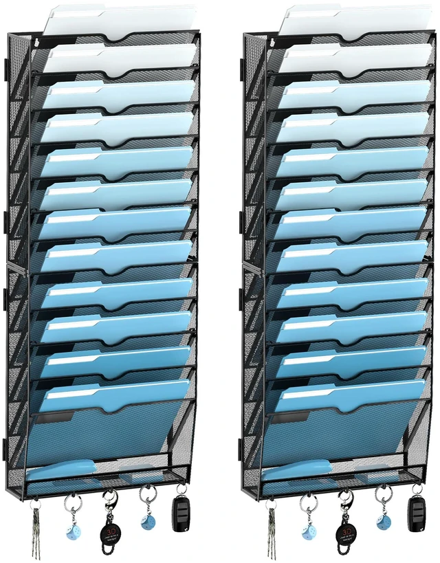 Main image of 13-Tier Hanging Wall File Organizer with Hooks, 2 Pack Mesh Wall File Holder, Mail Organizer Wall Mounted for Papers, Documents, Folders and Magazines in Home Office, Classroom