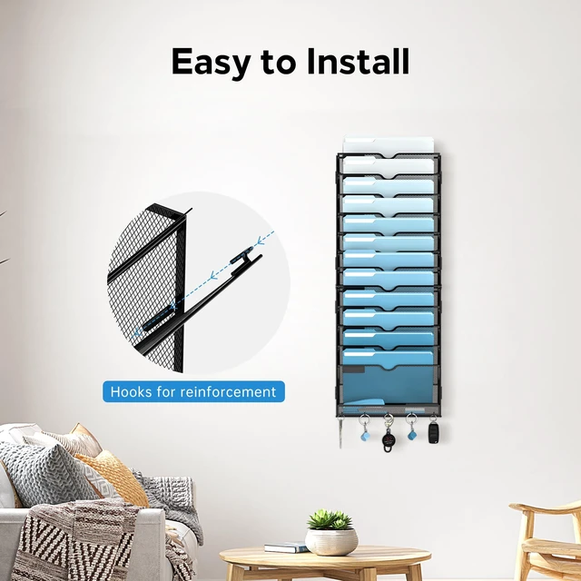 Alt view image 4 of 7 - 13-Tier Hanging Wall File Organizer with Hooks, 2 Pack Mesh Wall File Holder, Mail Organizer Wall Mounted for Papers, Documents, Folders and Magazines in Home Office, Classroom