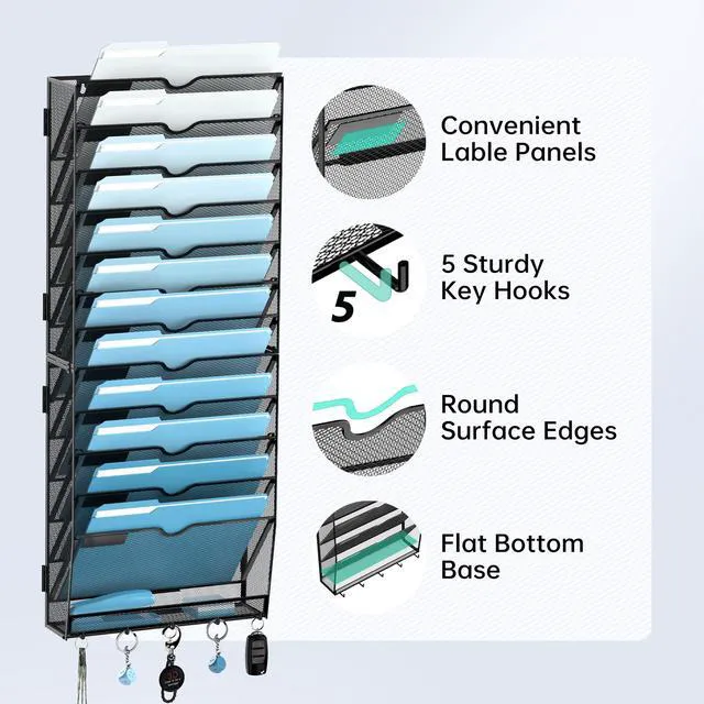 Alt view image 5 of 7 - 13-Tier Hanging Wall File Organizer with Hooks, 2 Pack Mesh Wall File Holder, Mail Organizer Wall Mounted for Papers, Documents, Folders and Magazines in Home Office, Classroom