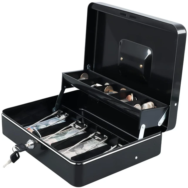 Main image of Cash Box with Key Lock, Metal Money Box, Safe Storage box, Black Cash Box with Money Tray and Key Lock,Tiered, Cantilever Design,4 Bill / 5 Coin Slots,11.8" x 9.5" x 3.5"