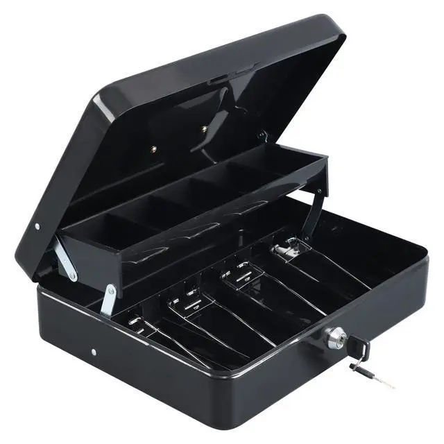 Alt view image 2 of 7 - Cash Box with Key Lock, Metal Money Box, Safe Storage box, Black Cash Box with Money Tray and Key Lock,Tiered, Cantilever Design,4 Bill / 5 Coin Slots,11.8" x 9.5" x 3.5"