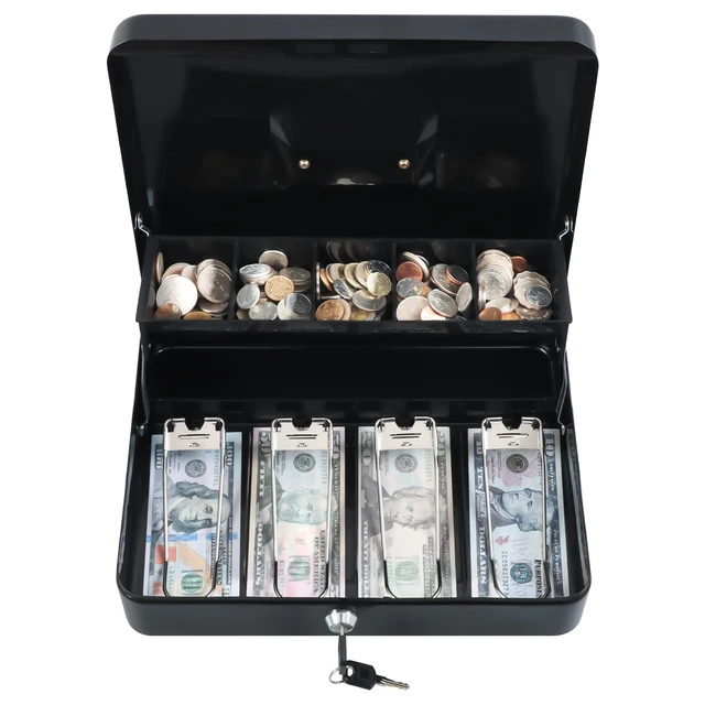 Alt view image 7 of 7 - Cash Box with Key Lock, Metal Money Box, Safe Storage box, Black Cash Box with Money Tray and Key Lock,Tiered, Cantilever Design,4 Bill / 5 Coin Slots,11.8" x 9.5" x 3.5"