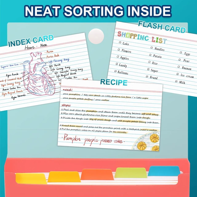 Alt view image 6 of 7 - 4x6 Index Card Case with 100 Ruled Index Cards and Dividers, Red Plastic Case, Heavyweight Index Cards, Colored Dividers