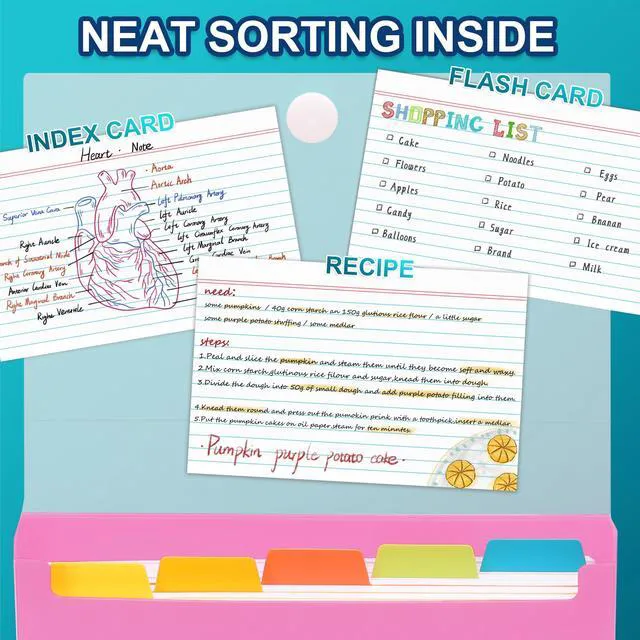 Alt view image 6 of 7 - 4x6 Index Card Case with 100 Ruled Index Cards and Dividers, Pink Plastic Case, Heavyweight Index Cards, Colored Dividers