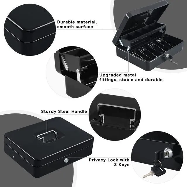 Alt view image 3 of 7 - Cash Box with Key Lock, Metal Money Box, Safe Storage box, Black Cash Box with Money Tray and Key Lock,Tiered, Cantilever Design,4 Bill / 5 Coin Slots,11.8" x 9.5" x 3.5"
